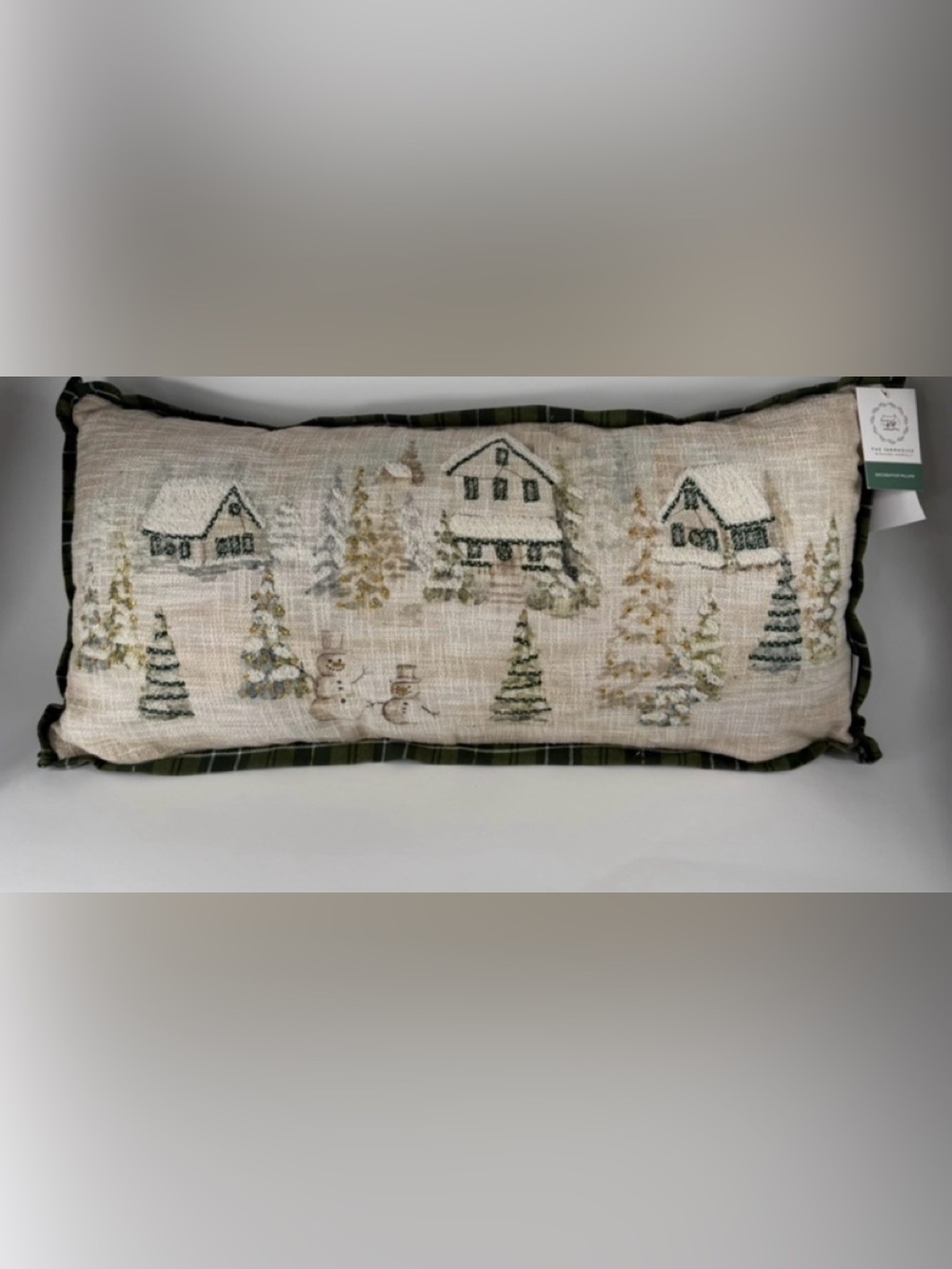 Rachel Ashwell Snowy Village Scene Green Plaid Trim Decorative Pillow  Charming